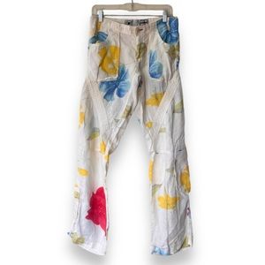 Vintage Euro White/Blue Watercolor Floral Womens Linen Parachute Pants